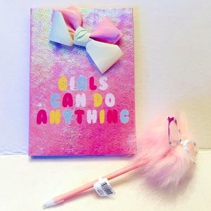 Pink”Girls Can Do Anything” Journal with Butterfly or Heart Plush Pen